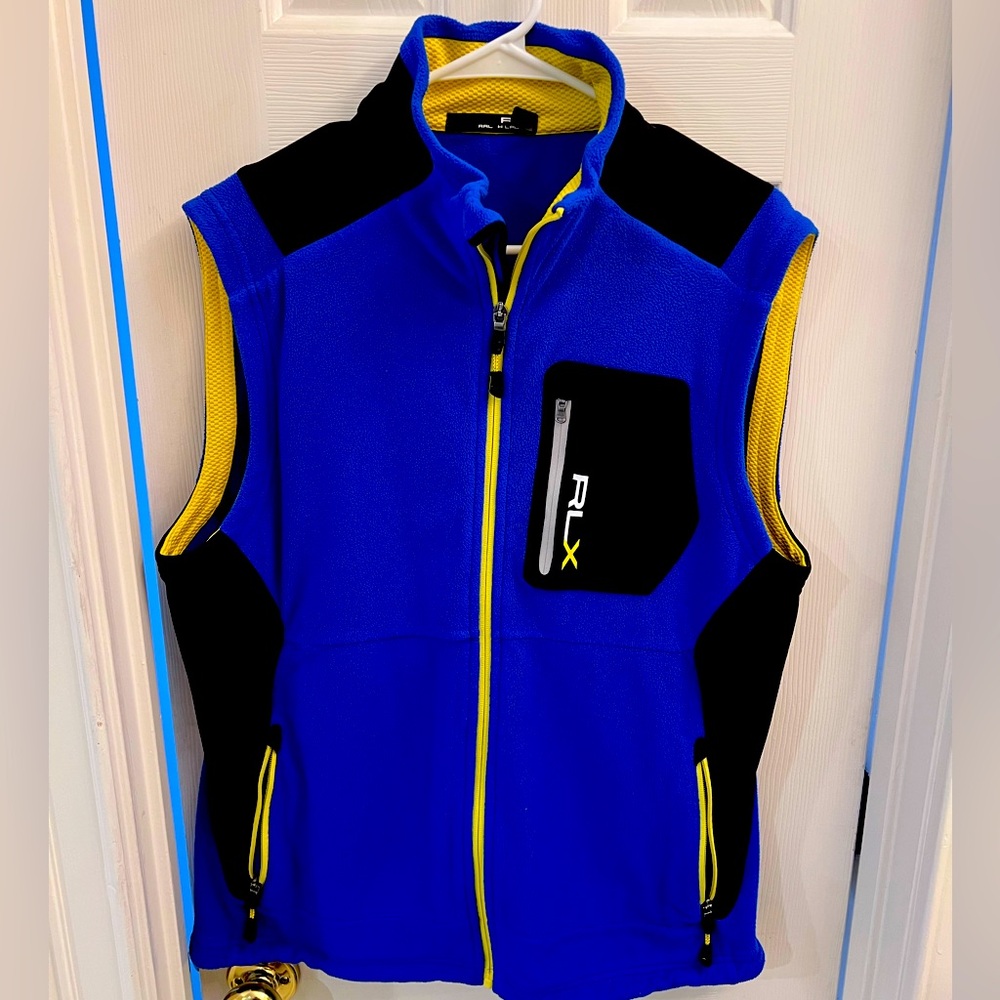 RLX Ralph Lauren Mens Vest Full Zip Pockets Mock Neck Fleece Blue Black Large